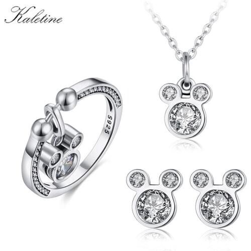 Kaletine Cute Mickey 925 Sterling Silver Jewelry Sets Earrings /Neckalce/Rings For Women Mouse Pendant Charm CZ Kids Jewelry