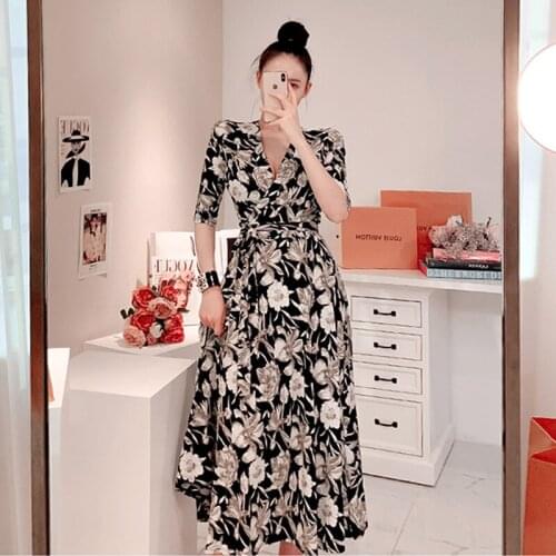 New arrival fashion party dress women autumn elegant v-neck five sleeve print beach temperament OL slim long a-line dress