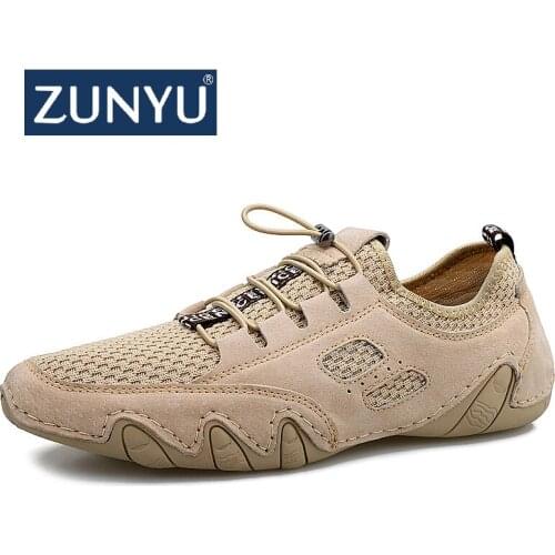 ZUNYU 2020 New Men Casual Shoes Leather Men Shoes Mesh Breathable Loafers Fashion Outdoor Sneakers Comfortable Driving Shoes