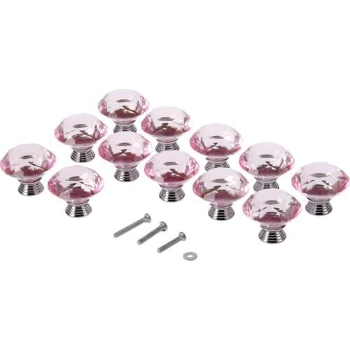 12Pcs Pink Crystal Glass Knob Cupboard Drawer Pull Kitchen Cabinet Door Wardrobe Handles