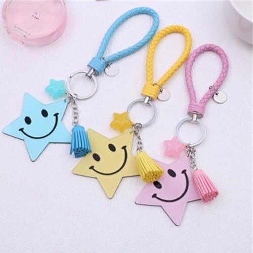 3 Colors lovely star smiling face keychains for women kids girl pentagram PU leather hanging Tassel car key ring bag accessory