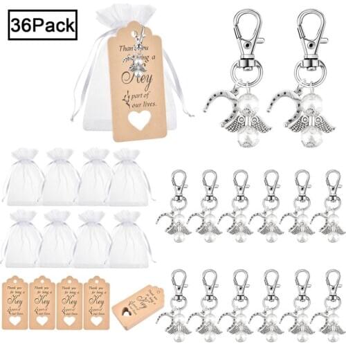 36/48 Sets Angel Keyring Key Chain Organza Bag Lucky Horseshoe Christening Wedding Party Favors Baby Shower Gifts
