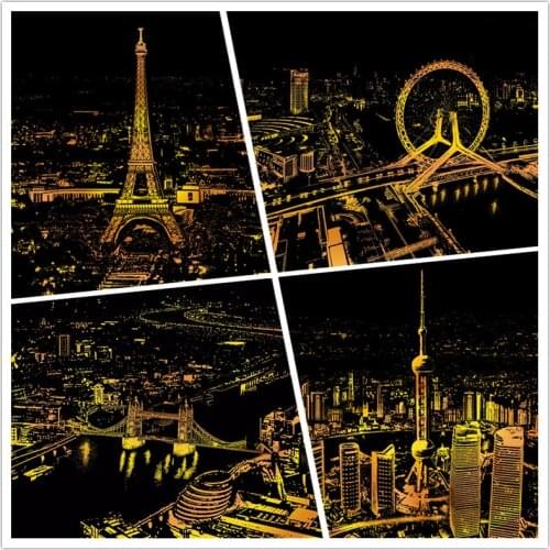 40*28 CM DIY Magic Scratch Painting Craft Art World Famous Landscape City Building Night View Scraping Paintings Paper Adult Toy