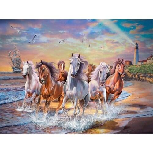 5D DIY Full Square Round Drill diamond painting horse running by the sea mosaic embroidery sale animals home decoration