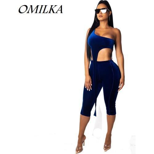 OMILKA Velvet 2018 Autumn Women Strapless Two Piece Crop Top and Knee Length Pant Set Sexy Blue Green Red Club Party Tracksuits