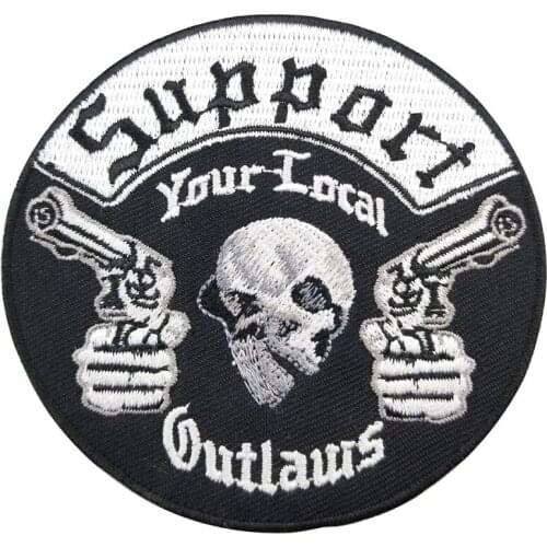 Skull with Gun Support Your Local Embroidered Patches Iron on for DIY Clothing Jackets T-Shirts Bags Accessories Garment Badges