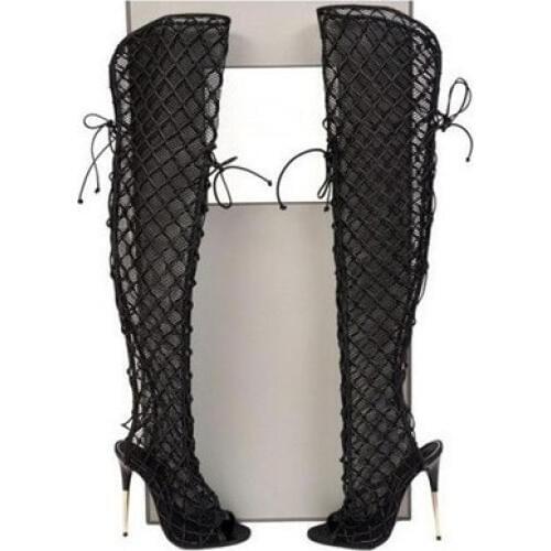 European sexy black lace up long boots over the knee hollow out mesh sandal open toe summer boots metal stiletto heel