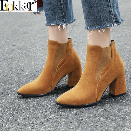 Eokkar 2019 Women Ankle Boots Elastic Women Shoes Winter Boots Cow Suede Flock Square Heel Pointed Toe Ladies Boots Size 34-43