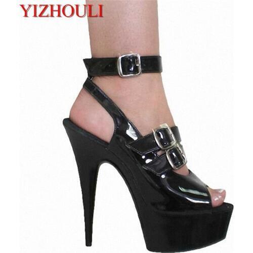 2018 new spring and summer is at the end of 15CM heels to fine black patent leather sandals evening dance