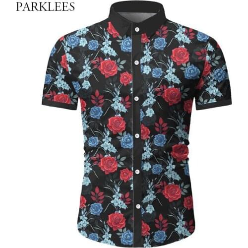 Hipster Floral Printed Men Short Sleeve Shirt 2020 Splice Casual Slim Fit Flower Men Summer Hawaiian Shirts Social Chemise Male