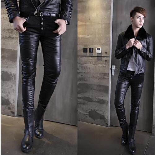Splice personality fashion motorcycle faux leather pants mens feet pants tight trousers for men pantalon homme black autumn