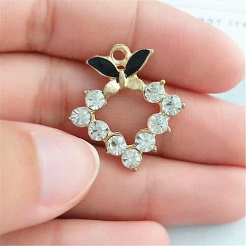 Wholesale 10 PCS 24*22mm Metal Alloy KC Gold Crystal Rhinestone Enamel Strawberry Charms Pendant DIY Earrings Accessorie