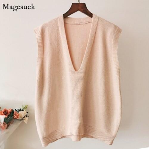 Autumn Solid Color V-neck Sweater Vest Women Sleeveless Simple Vest Sweater Office Lady Loose Knit Vest Top Women Spring 11984