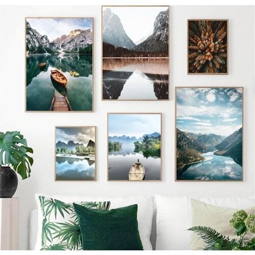 Mountain Lake Boats Reflection Poster Tree Forest Art Print Quotes Wall Art Canvas Painting Landscape Pictures Nordic Home Decor