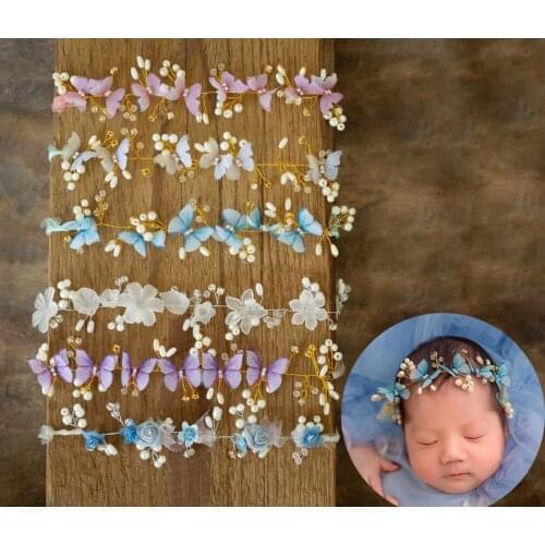 Newborn Butterfly Headband for Photography Props Handmade Baby Girl Headwrap Pearl Baby Tieback Studio Photo Hair Accessories