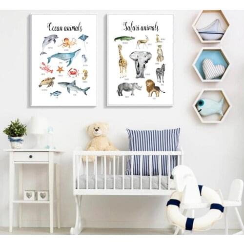 Safari Animals Watercolor Kids Educational Posters and Prints , Ocean Animals Learning Canvas Painting Children Room Wall Decor