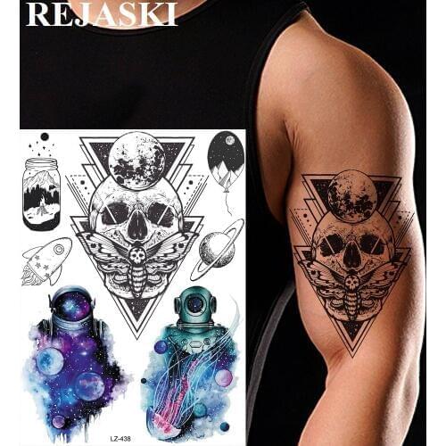 REJASKI Evil Death Skull with Moth Triangle Temporary Tattoos For Men Sticker Astronaut Planets Fake Tatoos Art Moon Tattoo