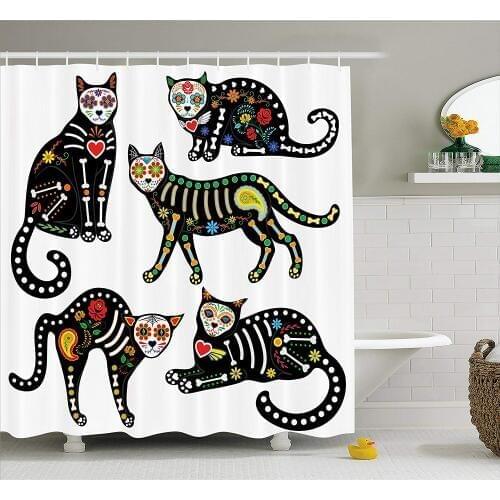 Sugar Skull Shower Curtain Ornate Black Cats in Mexican Style Holiday The Day of The Dead Fabric Bathroom Set Multicolor