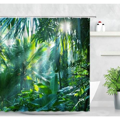 Green Leaves Shower Curtains Sunshine Jungle Tropical Plant Palm Leaf 3D Print Waterproof Fabric Bathroom Decor Bath Curtain Set
