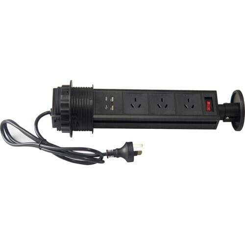 Factory Sales Australia Standard Pulling Pop Up Desktop Socket with 3 Gang power outlets+2 USB Chargers+ON/OFF Switch For Home