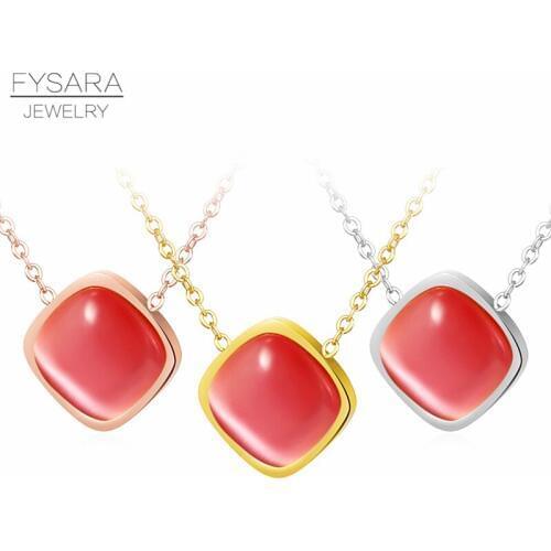 FYSARA Geometry Red Stone Square Crystal Pendant Necklace For Women Stainless Steel Rose gold Color Charm Chain Link Necklaces