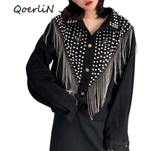 Plus Size 2020 Autumn Streetwear Denim Jacket Women Hand-studded Rivet Tassel Chain Short Jeans Jacket Loose Casual Black Coats