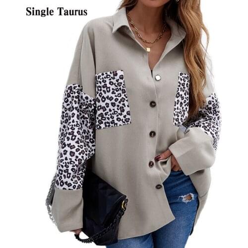 Leopard Print Panel Female Coat Autumn Long Sleeve Turn Down Collar Womens Jackets Streetwear Casual Preppy Mujer Chaqueta Shirt