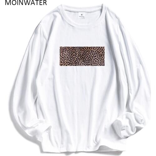 MOINWATER Leapord Print Women New Casual Tees White Black Cotton T shirts Lady Fashion Long Sleeve T-shirt Female Tops MLT2013