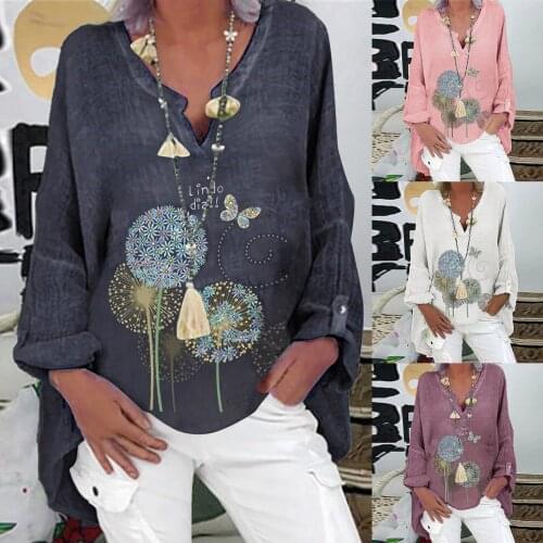 Women Casual Long Sleeve Floral Print Loose V-neck Shirt Blouse Top Solid Color Dandelion Print All-match Lovely Girls T-shirt