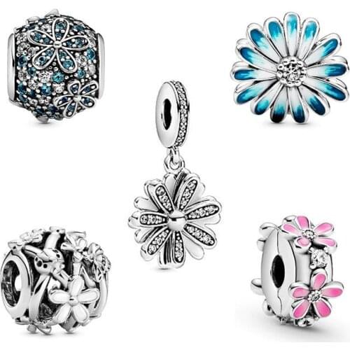 925 Sterling Silver Blue Daisy Flower With Crystal Charm Bead Fit Women Pan Bracelet & Necklace Jewelry