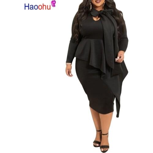 HAOOHU Plus Size Long Sleeve Autumn Dress Women 5xl Elegant Ladies Office Dress Bow Tie Bodycon Midi Sexy Party Dress