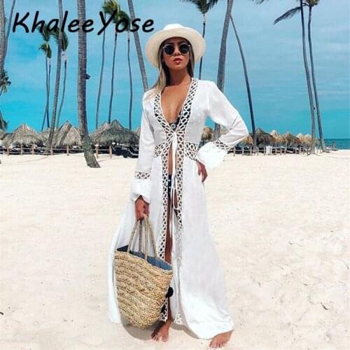 KHALEE YOSE White Boho Beach Dress Women 2020 Summer Bikini Cover Dresses Hollow Out Long Flare Sleeve Sexy Fairy Holiday Dress