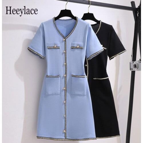 2021 Summer New Kint Elegant Vintage Dress Short Sleeve Tweed Patchwork Single-breasted Dresses For Women Office Lady Clothes