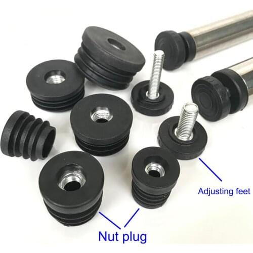 2 Set Black Plastic Round Nut Plug+Adjusting feet 25*M8*18/25*M6*28 Protection Gasket Dust Seal End Cover Caps Chairs Furniture