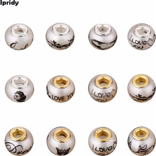 50PCS Pearl Effect Printing Murano Large Hole Glass Beads Mix Color with Silver Brass Cores European Charm fit Bracelet Necklace