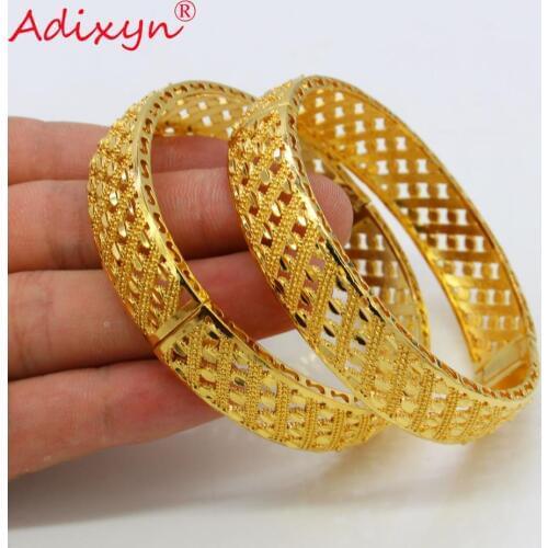 Adixyn 2pcs Gold Cuff Bracelet/Bangle Gold Color Hollow Chains Link Bracelet For Women/Men Wide Jewelry Gifts N080818