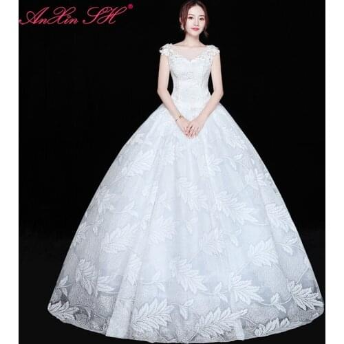 AXJFU princess leaf pattern lace white wedding dress vintage o neck illusion turkey party ball gown white wedding dress