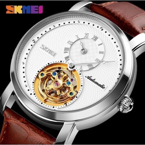 2021 SKMEI Fashion Business Automatic Mechanical Watch Men Gyro Decoration Mens Wristwatches Leather Strap Clock Reloj Hombre
