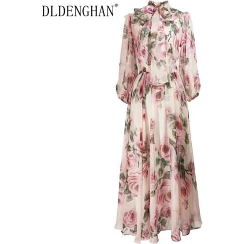 DLDENGHAN Elegant Rose Floral-Print Chiffon Dress Womens vintage Bow collar Long sleeve Vacation Dresses Designer Female New