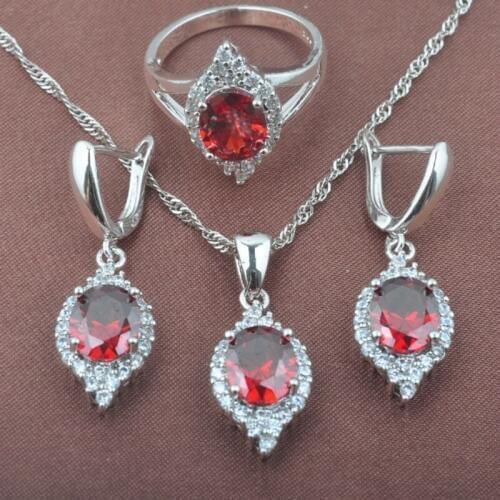 Elegant Red Zirconia CZ Womens Silver Color Jewelry Sets Necklace Pendant Earrings Ring TZ0513