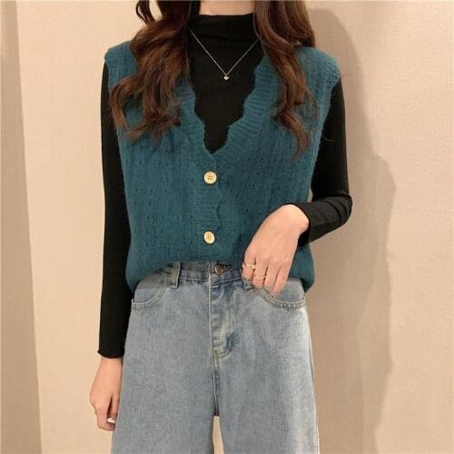 Fad Autumn Solid Knitted Vest for Women Single Brreasted Sleeveless Jacket Female Deep V Neck Office Ladies Casual Outwear