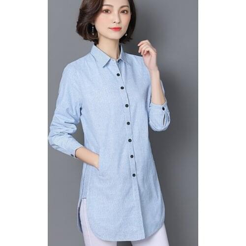 Plus size 5XL cotton striped shirt women blouse retro long-sleeved spring autumn large size blouse casual female top