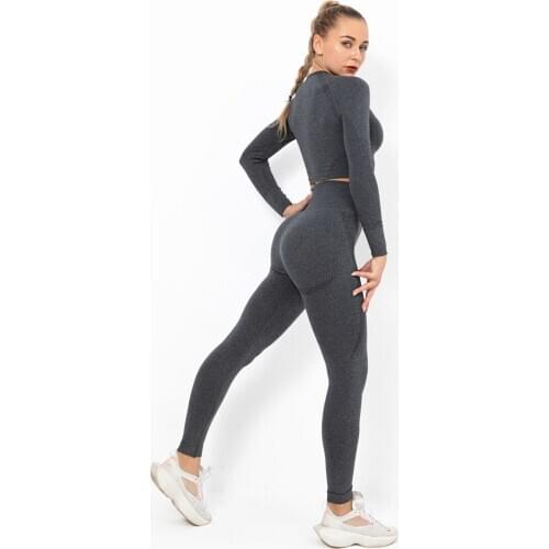 Seamless 2 Piece Women Yoga Set Gym Clothing Fitness Leggings+Cropped Shirts Sport Suit Long Sleeve Tracksuit Active Wear 2000