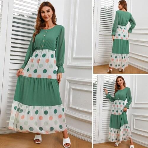 Middle East Fashion Women Muslim Long Dress Chiffon Polka Dot Patchwork Abaya Islamic Ramadan Casual Long Sleeve Maxi Robe Gown