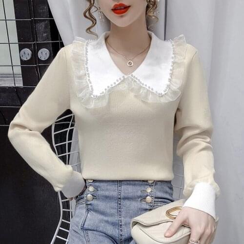 Korean fashion knitted sweater organza lace ruffles pearls beading pullovers long sleeve top fall clothes for women sweet jumper