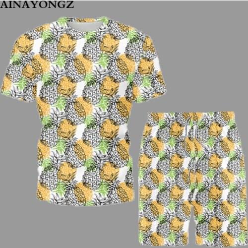 Summer Beach Casual Mens Sets 2021 Pop O-Neck T-Shirt Suit Pineapple Print Short Sleeve and Shorts Set Male Fashion Clothing