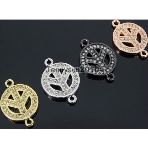 Clear Zircon Gems Stones Pave Peace Sign Bracelet Connector Charm Beads Silver Gold Rose Gold Gunmetal 10Pcs/Pack