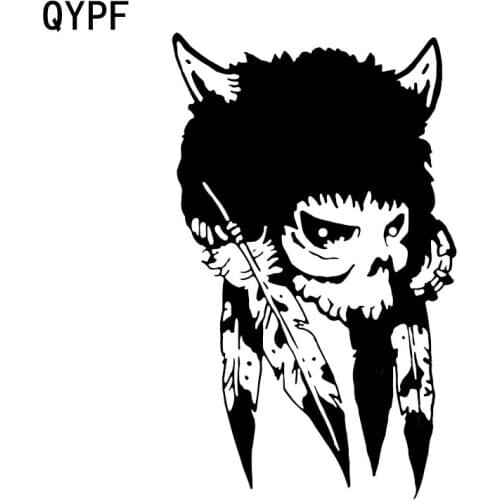 QYPF 11.1*18.2CM Car Sticker Vinyl Black Silver Graphic Native Indian Skull Feathers Headdress C16-0054