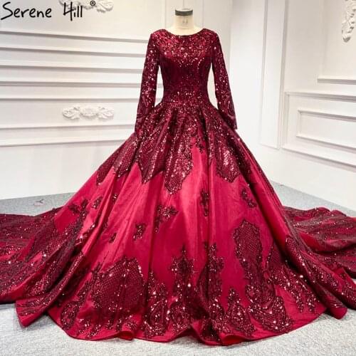 Serene Hill Muslim Burgundy O-Neck Long Sleeves Wedding Dress 2021 Sequins Satin Lace Up Luxury Bridal Gown Custom Made CHM66948