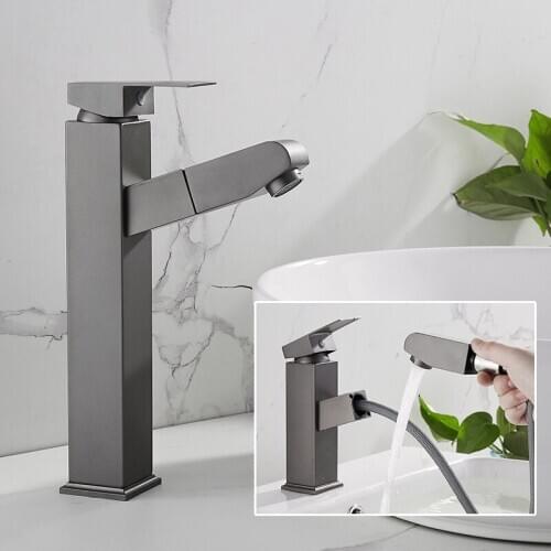 Gray fashion pull stainless steel basin faucet on the table, bathroom washbasin, basin under the table hot and cold faucet